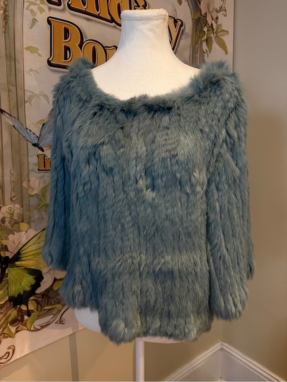 Rabbit Fur Crop Jacket in Dusty Blue - Women's Cozy Coat